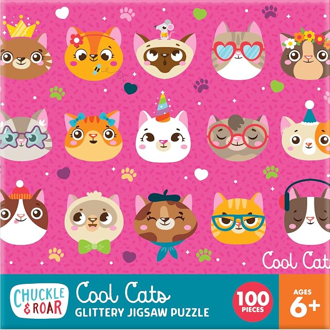 Chuckle & Roar Cool Cats, 100 Pc Jigsaw Puzzle, Puzzles for Kids Ages 6-8 | Glitter Accents, Poster Reference Guide, 11 x 15 in Finished Size, Fine Motor Skills, 100 Piece Puzzles for Kids Ages 6-8