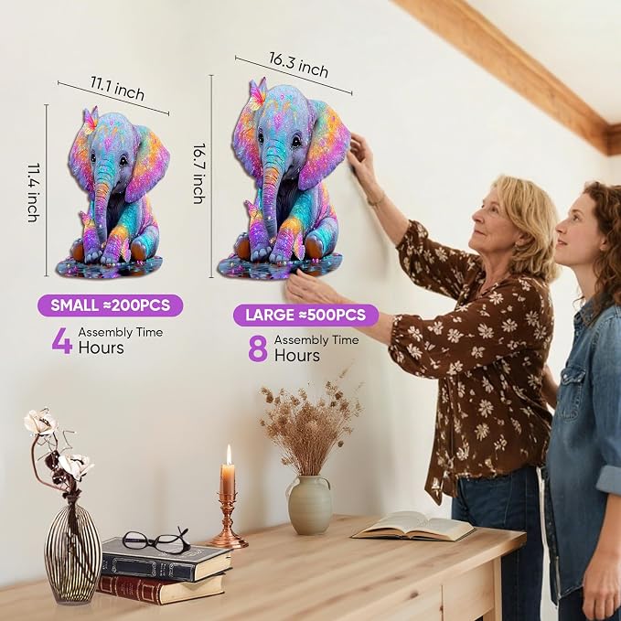 MEATRN Wooden Jigsaw Puzzles, Animal Puzzles for Adults & Kids, 491 Pcs | Colorful Baby Elephant with Butterflies, Educational Brain Teaser Gift and Home Art Decor, 16.3x16.7 in
