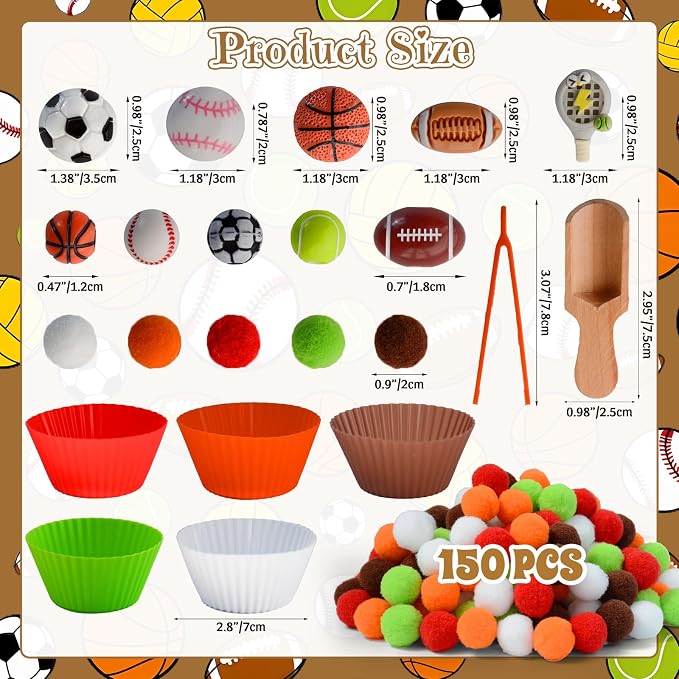 242pcs Sports Balls Sensory Bin Filler Fine Motor Toys Ball Sensory Bin Items Easter Soccer Baseball Basketball Football Tennis Sensory Bin Items Pom Poms for Color Counting Sorting