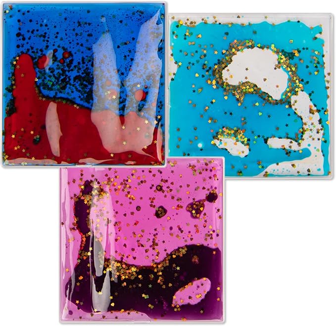 Art3d Square Sensory Fidget Multicolor Liquid Motion Tiles, 6" x 6", 3-Pack | Lightweight, Boost Focus, Relieve Anxiety, Varied Colors & Shapes, Suitable for Kids, Toddlers