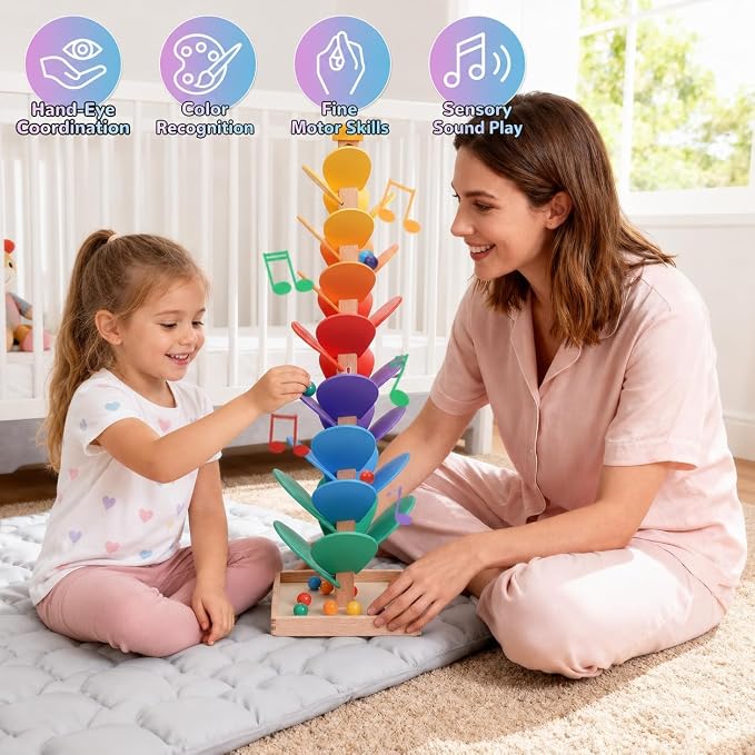 Wooden Marble Run Music Tree, Marble Run Montessori Toy for Kids Ages 3+ | Solid wood rainbow tree ball drop toy for cause effect play, color sorting, fine motor skills, sensory sound, screen free fun