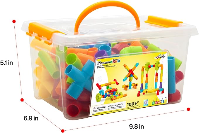 PicassoTiles 100PCS STEM Pipe Building Playset Interlocking Tube Construction Toy with Wheels and Clear Storage Box Educational Learning Toys for Preschool Montessori Kids Age 3+ Boys and Girls PTT139
