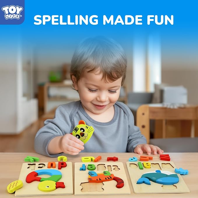 TOY Life Toddler Puzzles Ages 2-4, 6 Animals with Spelling Wooden Puzzles for Toddlers 3-5, Montessori Toys Gifts for 1 2 3 Years Old Boys Girls, Birthday Gifts Educational Learning Toys for Kids