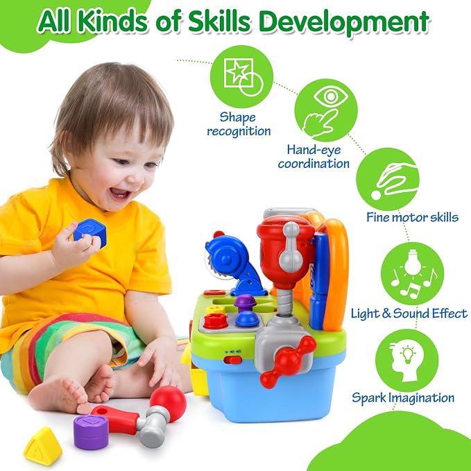 Toys for 1 Year Old Boy, Musical Toy Tool Bench, 1 2 3 Years old Boy Gifts | Montessori Toys with Sound Lights Effect, Shape Sorter, Christmas Birthday Gift for Boy Girl,Engineer Pretend Play Workbench