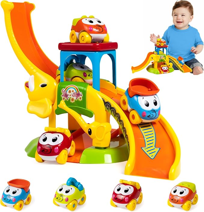 Marstone 1-2 Year Old Toddler Race Track Toy with Animal Push Cars for Boys | Educational Elephant Slide for 12-18 Months Girls, Learning Birthday Gift Toy for Ages 1-3