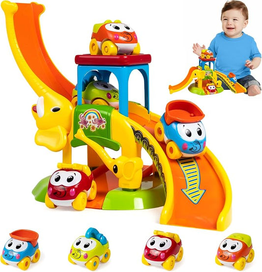 Marstone 1-2 Year Old Toddler Race Track Toy with Animal Push Cars for Boys | Educational Elephant Slide for 12-18 Months Girls, Learning Birthday Gift Toy for Ages 1-3