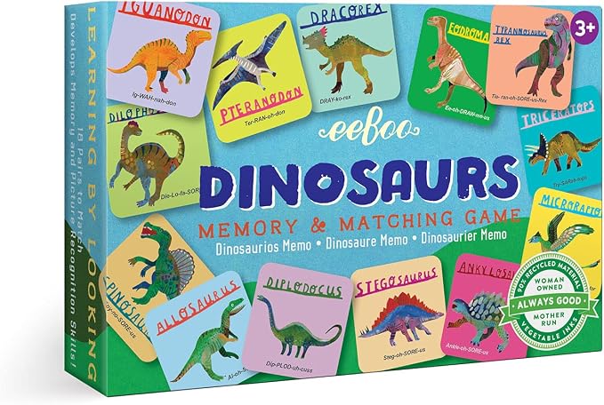 eeBoo Little Dinosaurs Memory & Matching Game, Ages 3+, 1-4 Players | Teaches dinosaur names & pronunciation. Sharpens recognition, concentration & memory skills. Includes 36 tiles, 18 pairs