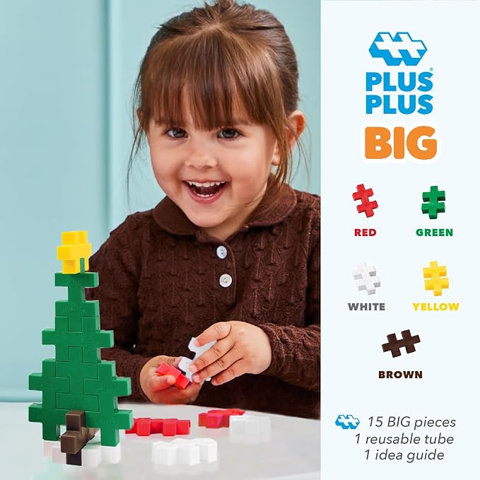 PLUS PLUS Big 15 Piece Holiday Mix - Large Building Blocks for Toddlers | Quiet Stem Toys for Toddlers, Prek Classroom Essentials, Waffle Blocks Jumbo, Stem Bins, Stocking Stuffers for Little Kids