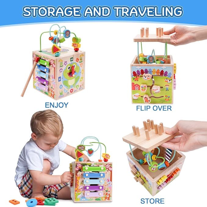 Wooden Activity Cube | Montessori Toys for 1 2 3 Year Old Toddler Gifts | One Year Old 1st First Birthday Gift | Educational Toys for 12+ Months Baby Boys Girls | Bonus Sorting & Stacking Game (Blue)