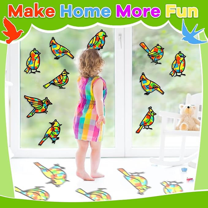 Lonfliness 32 Sets Bird Suncatchers Craft Kit DIY Birds Window Stained Glass Effect Paper Spring Home School Classroom Decoration Art Craft Creative Activity Project Gift Favor