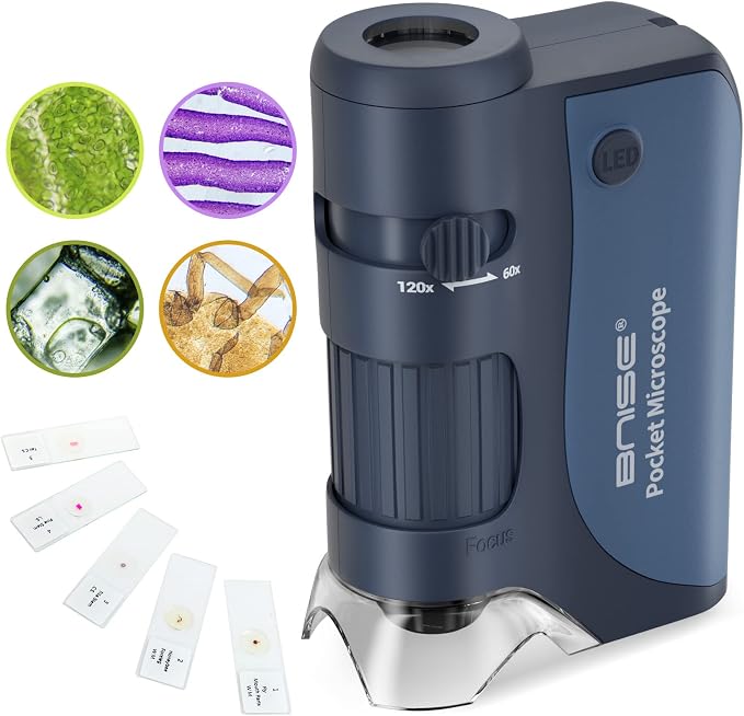 Pocket Microscope for Kids 60X-120X Handheld Science Learning Toy | LED Light, 5 Slides Specimen, Curious Kid Explorer, Backyard Classroom Park Nature, Discovery STEM Education Gift