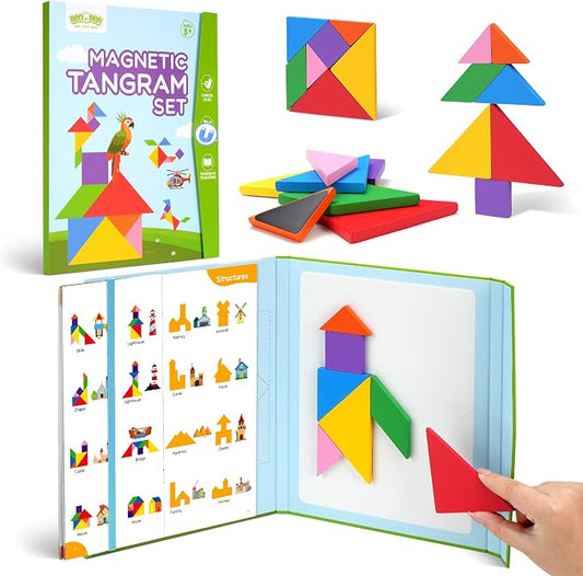 BenBen Magnetic Tangram Puzzle, Wooden Travel Toys Ages 4-8 8-12 | Wooden Dual-Sided Magnetic Board, Travel Games for Road Trips, Car Toys for Kids, STEM Educational IQ Book