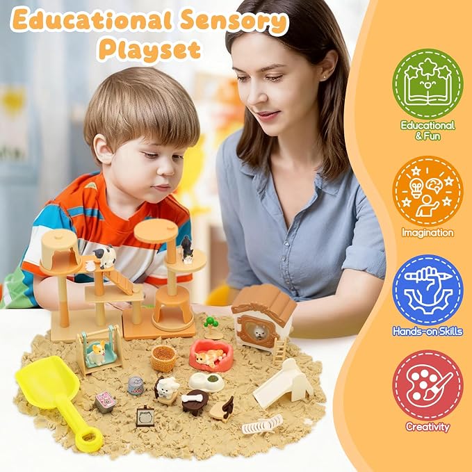 Crelloci Double-Layer Pet Magic Sand Playset, 2 Colors Magnetic Sand Sensory Bin with Cat & Dog Figures, Mess-Free Sand Toy Kit for Kids, Creative Sensory Play, Gift for Boys & Girls Age 3+
