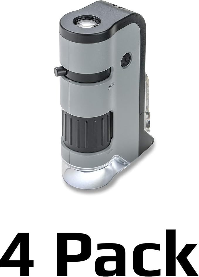 Carson MicroFlip 100x-250x LED and UV Lighted Pocket Microscope with Flip Down Slide Base and Adapter with CarsonCam Phone App - Set of 4 (MP-250MU) | STEM Handheld Microscope Set with Smartphone Adapter Clip for Digiscoping, Flip Down Slide Base - Set...