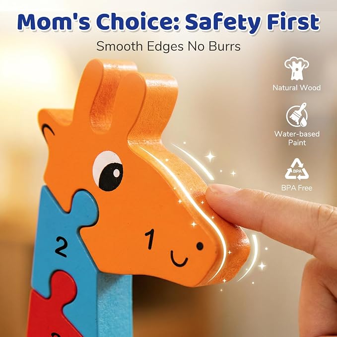LovesTown Puzzle for Kids, Wooden, 3D Giraffe Shape | for Ages 3-5, Double-Sided, Alphabet Recognition, Number Counting, Homeschool Fun, Quiet Play, Montessori Educational Gifts