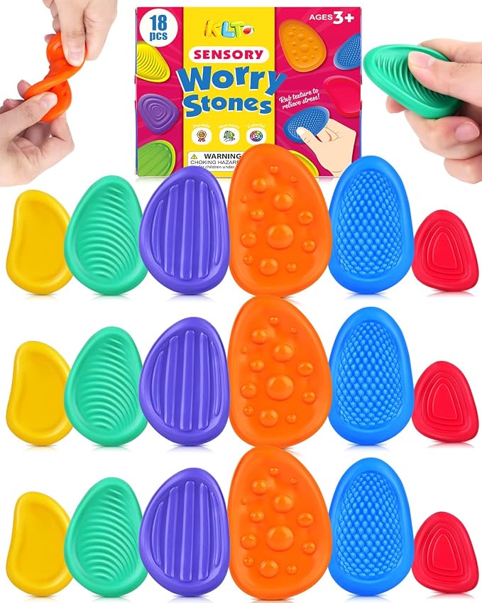 Fidget Toys Sensory Stone for Kids: 18 Pack Bulk Textured Worry Stone for Autism Calming - Quiet Fidgets for Classroom Students Prizes - Small Goodie Bags for Back to School Supplies Gifts
