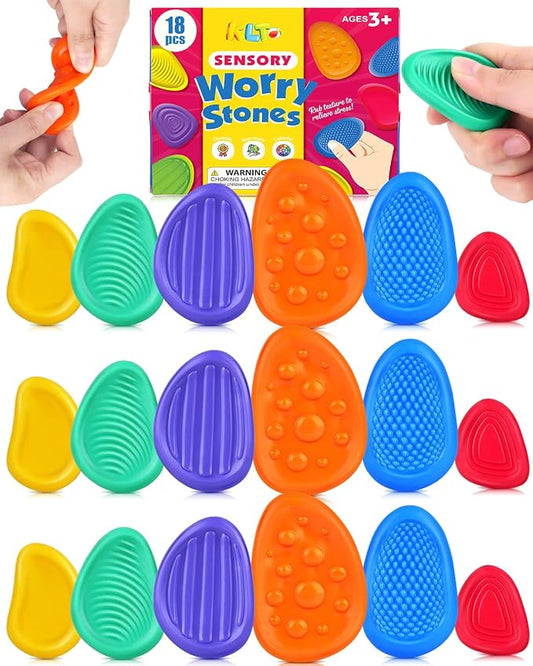 Fidget Toys Sensory Stone for Kids: 18 Pack Bulk Textured Worry Stone for Autism Calming - Quiet Fidgets for Classroom Students Prizes - Small Goodie Bags for Back to School Supplies Gifts