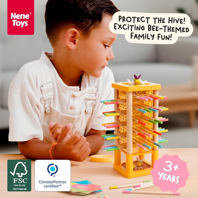 Nene Toys BeeFall Wooden Tower Game for Kids 3+ – 4-in-1 Stick Drop Bee Game with Dice & Action Cards, Rainbow Sticks Ring – Montessori Board Game for Family Game Night, Fine Motor Skills