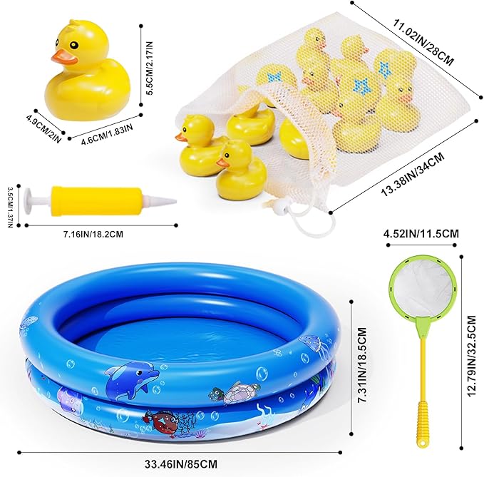 Duck Matching Game Toys for Kids - 20 Plastic Ducks with Numbers,34" x 7" Kiddie Pool | Storage Bag, 2 Nets - Fun Memory Games - Water Outdoor Game for Children,Preschoolers,Birthday Party Carnival