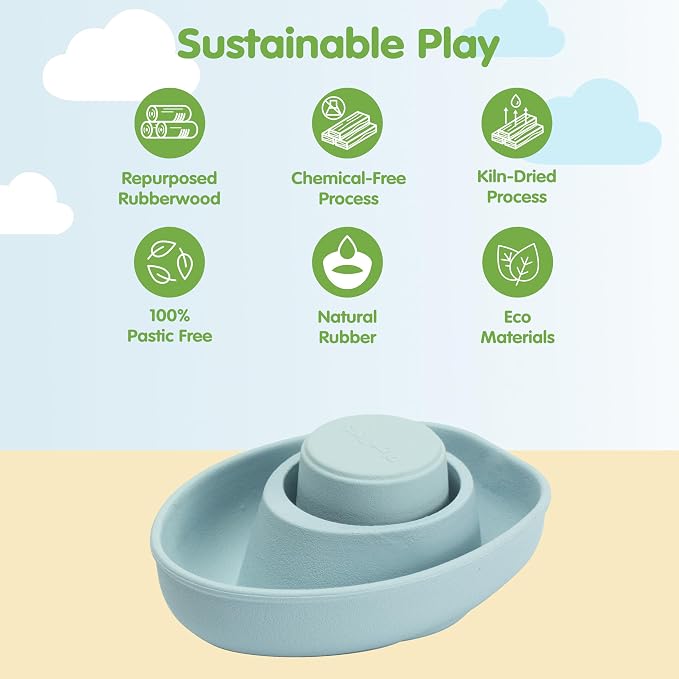 PlanToys® Pastel Blue Rubber Convertible Boat Water & Bath Play Toy Kids | pastel blue rubber convertible boat, montessori water bath play, cause effect imagination exploration, floating toy, toddlers