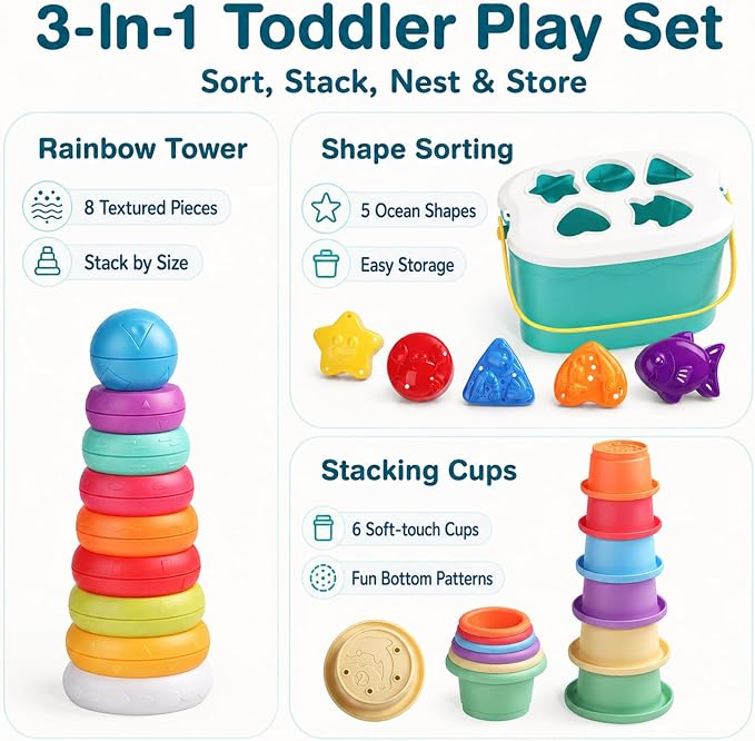 Baby Stacking Toys with Stacking Rings & Shape Sorter for 12+ Months | Stacking Rings Baby Toy with Color Sorting & Matching Play, 3 in 1 Learning Toy for 1 Year Olds