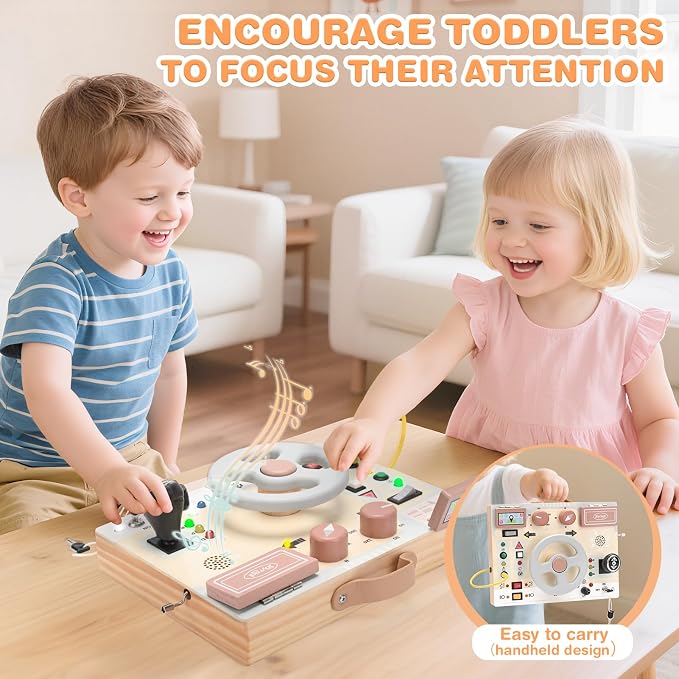 Joyreal Montessori Toddler Busy Board - Montessori Toys for 1 2 3 Years Old | Wooden Sensory Board with LED Lights, Steering Wheel, Music Player, Travel Toys for 1+ Year Old Boy & Girl Birthday Gift