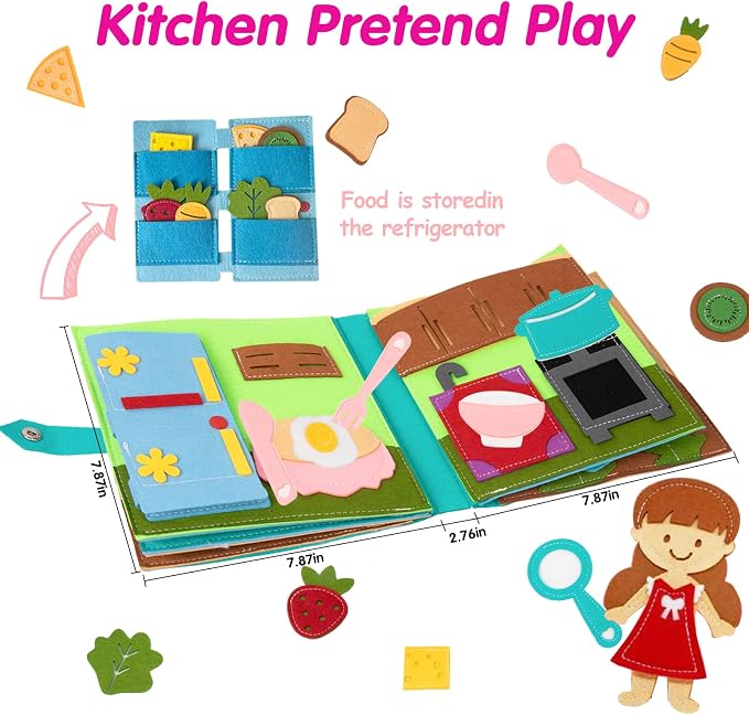 Daily Life of Girls Busy Book for Toddlers,Montessori Busy Books,Preschool Felt Busy Quiet Book Learning Life Skills,House Pretend Play Dress UP Game,Montessori Toys for 3 4 5 Years Autism Sensory