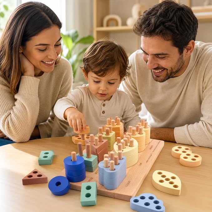 SmartShape — Montessori Wooden Shape Sorter with Cloud, Leaf & Infinity Shapes, Progressive 1-to-8 Peg Stacking Board for Toddlers 1-5, Fine Motor Learning Toy & Heirloom Gift