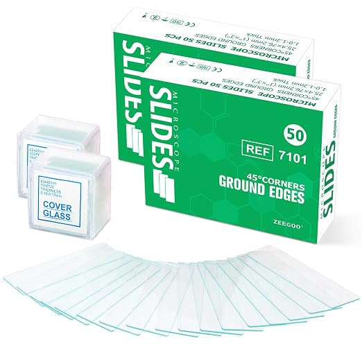 ZEEGOO Microscope Slides and Covers, 100 Glass Slides + 200 Coverslips | Pre-Cleaned, Safe Ground Edges, 45°Corners, High Clarity, Easy to Use, Fits Most Microscopes, For Students, Beginners, Class