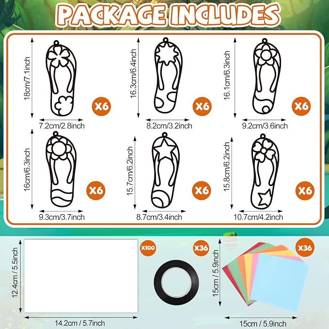 Qyeahkj 36 Set Flip Flops Suncatchers Craft for DIY Summer Tropical Luau Tissue Paper Craft Kit Hawaii Beach Slipper Stained Glass Window Ornaments Decoration for Home Art Project Party Favor Gift