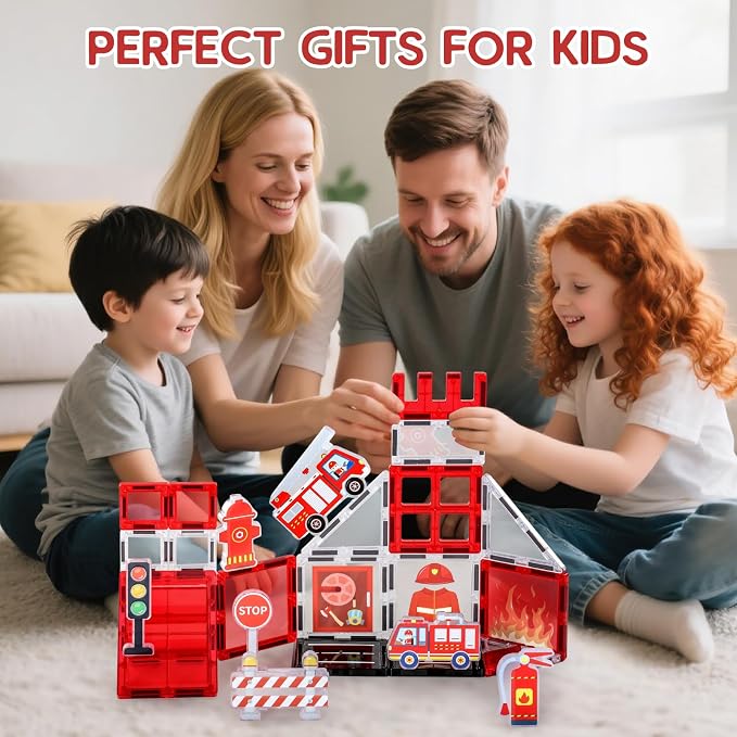 Firefighter Magnetic Tiles for Toddlers 3-5 – STEM Building Blocks Set with Fire Truck, Hydrant, Extinguisher & Storage Bag, Fire Station Creative Play for Boys & Girls, Christmas Birthday Gift