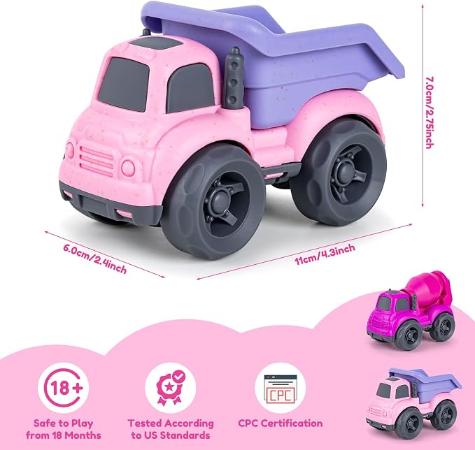 Aigitoy Toddler Car Toys Set - Mixer and Dump Truck for 2-4 Years Old | Sandbox Outdoor Vehicles Toy, No BPA, Phthalates, PVC, Recycled Plastic, Easter Christmas Birthday Gifts Boys Girls (Pink)