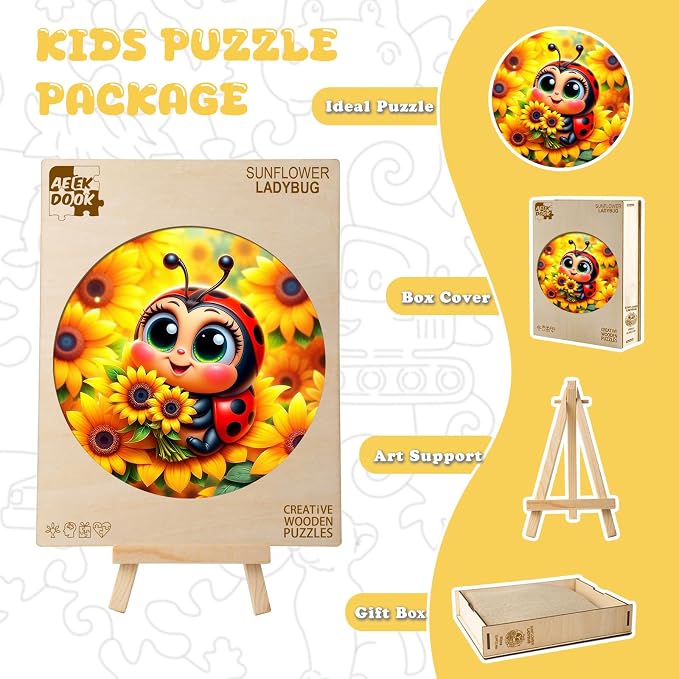 Animal Wooden Puzzles for Kids - Sunflower Ladybug | 50 Piece Puzzles for Kids Ages 6-8, Kids Puzzles with Unique Animal Shapes, Round Gift for Girls and Boys (11.4 * 11.4 in)