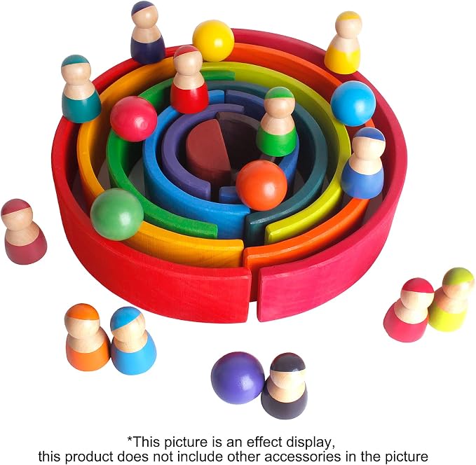 Wooden Rainbow Balls, 6 PCS Colorful Wooden Ball Toys for Toddler & Baby Grasping, Rainbow Ball Matching with Rainbow Stacker