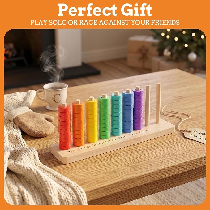 Color Stack Challenge Game, Sorting & Stacking Toys for Toddlers | Wooden Rainbow Rings Game for Color Recognition and Sensory Learning, Montessori Educational Gift for Kids Ages 3 and Up