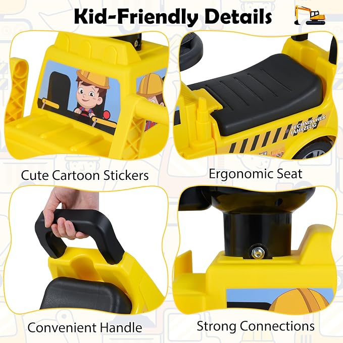 HONEY JOY Ride On Tractor with Trailer, Kids Excavator Bulldozer with Shovel, Seat Storage, Engine Sound, Music, Manual Control Bucket, Ride On Construction Vehicle for Toddlers Boys Girls, Yellow