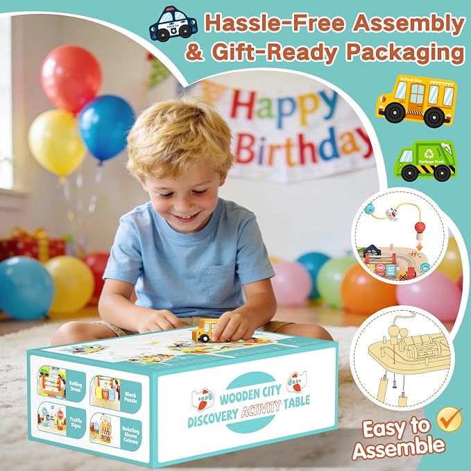 Weilim Montessori Wooden Activity Table for Toddler 1-3, Learning Toys | 9-in-1 Baby Activity Center: Bead Maze, Shape Sorter, Cars, Gears & Traffic Signs. Sensory Birthday Gift for Boys & Girls
