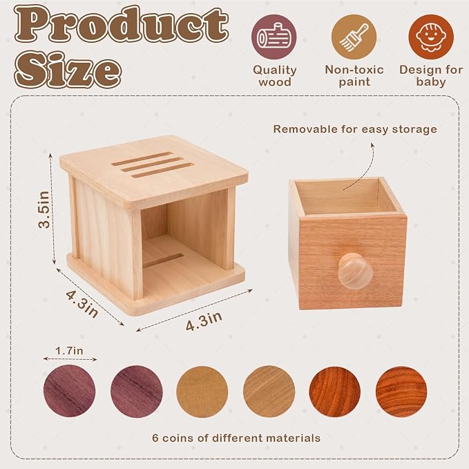 Adena Montessori Wooden Double-Sided Coin Box Object Permanence 6-12 Months | Solid wood, smooth edges. Two play modes, 6 coins. Builds grip, focus, fine motor. For 6-12 month infants. Gift.
