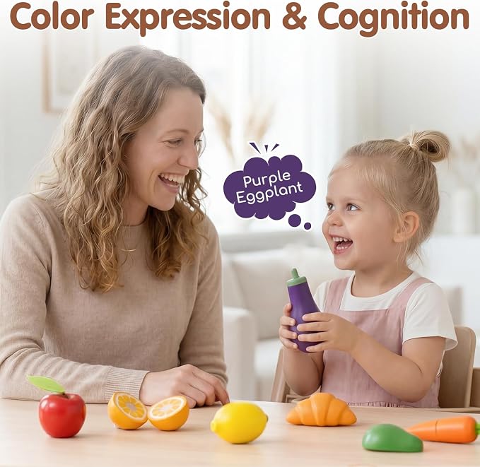 Lehoo Castle Wooden Play Food Set for Toddlers, Play Kitchen Accessories | Pretend Play Cutting Toys, 4 Baskets with Fruits Vegetables Meats Breads, Montessori Sorting Toys for Girls Boys Kids 3-5
