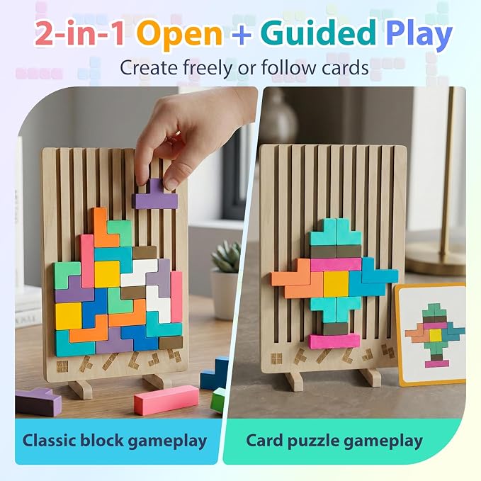 Wooden Montessori Brain Blocks, Quick-Reset Pattern Bag, Gift 3+ | 2-in-1 Building & Puzzle Game, 9 Shapes, 20 Challenges, Instruction Guide, Screen-Free, Educational Play