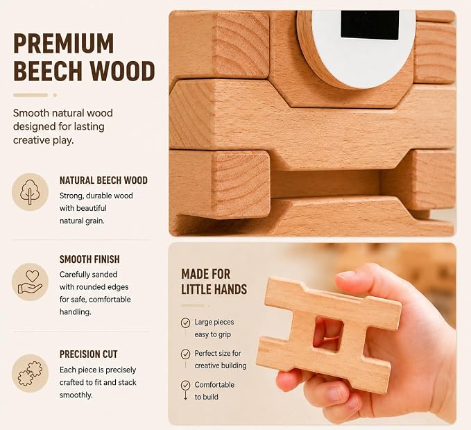 Montessori Wooden Building Blocks for Kids 3-8, Extra Large 4.4" Beech Wood Stacking Blocks, 31 PCS Open-Ended Learning Toy, Natural Wooden Shape Blocks for Creative Building, Quiet Play