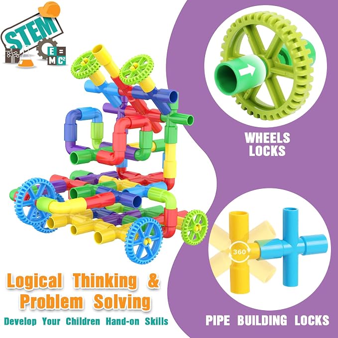 250 Pcs Tubular Pipes & Spout STEAM Interlocking Educational Building Blocks Set, Kids Tube Locks Construction Set with Storage Box, Idea Book, Preschool Educational Toy Gift for Toddlers Age 3+