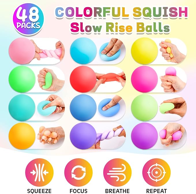 48 Pack Slow Rising Stress Ball,Stress Balls for Kids Adults,Stretchy Fidget Toys for Anxiety Relief,Hand Therapy Sensory Squishy Ball,Squishy Toys,Treasure Prize Box Toys for Kids Classroom | Hand Therapy Sensory Squishy Ball for Stress Relief, Squish...