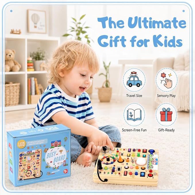 Busy Board with 19 LED Light Switches, Montessori Toys for 1 2 3 Years Old, Wooden Sensory Board, Toddlers Activity Travel Toys for 1 2 3 Year Old Boy & Girl Birthday Gift (Big School)