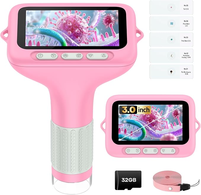 Kids Digital Microscope with 3-Inch Screen: STEM Toy Science Gift Ages 4-12 | 32GB Card, 1000X Zoom, Rechargeable, Photo/Video, Connect to PC, 8 LEDs, 6 Brightness Levels, One-Touch Capture