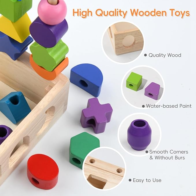 Sewulidon 3 in 1 Wooden Color Sorting Stacking Toys, Montessori Toys Geometric Shape Sorter Matching Lacing Beads Sequencing Toy Set Preschool Learning Fine Motor Skills for Toddlers 3 4 5 Years