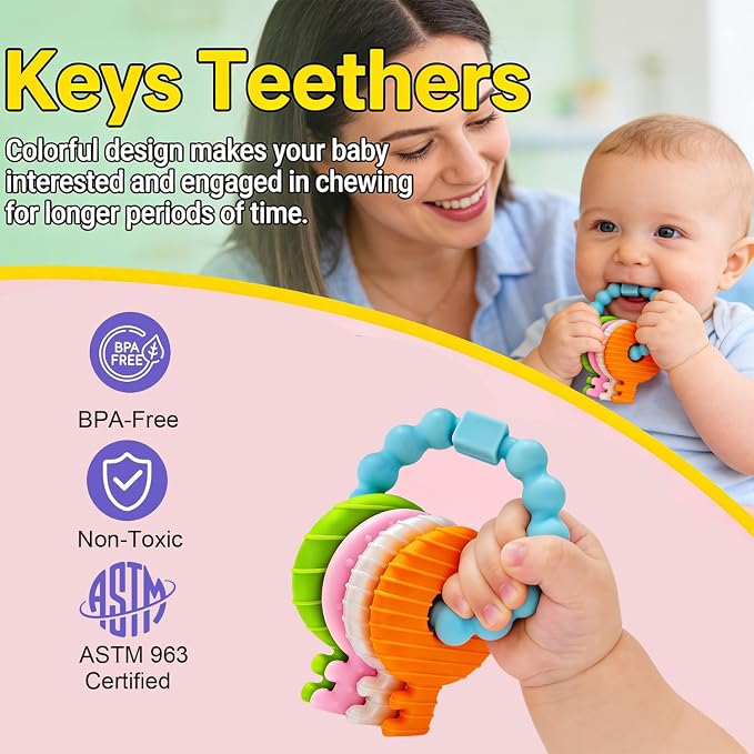 YAPROMO Baby Silicone Teething Keys Toy, Cute Key Ring Shape Chew Toy, Perfect First Easter Basket Stuffers for Babies 3-18 Months