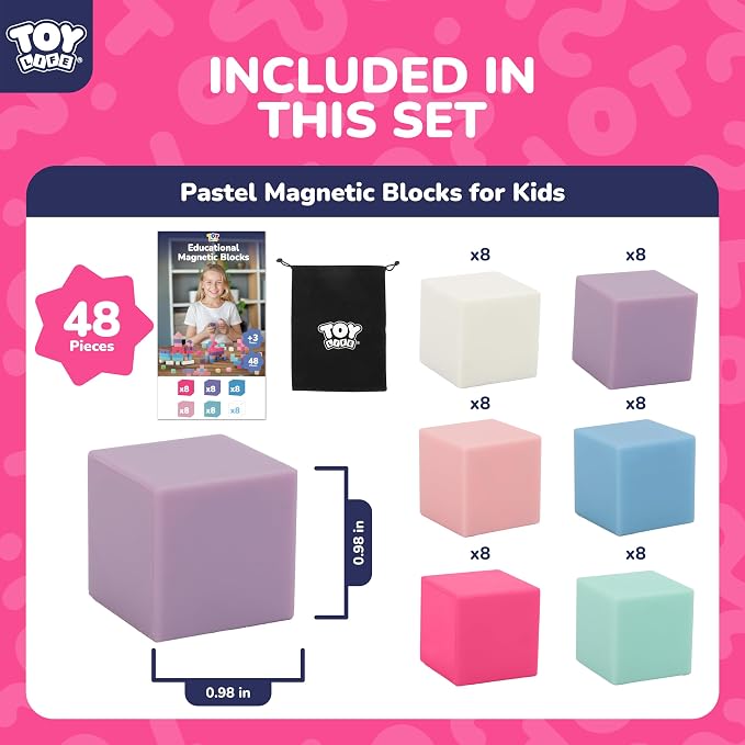 TOY Life Pastel Magnetic Blocks, 48-Piece STEM Set, Ages 3-8 | 6 soft colors, smooth ABS cubes, open-ended construction, spatial play, birthday gift