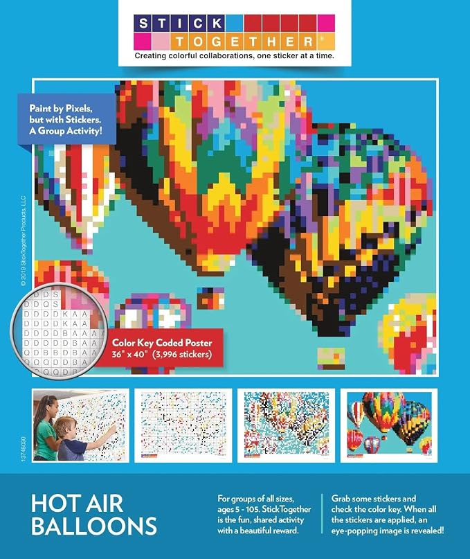 4 Pack Bundle Mosaic Sticker Art for Kids and Adults Includes Hot Air Balloon, Tiger, Butterfly and Sunflowers Posters, Large Sticker by Number/Letter Posters 36" x 40" with 3,996 Stickers