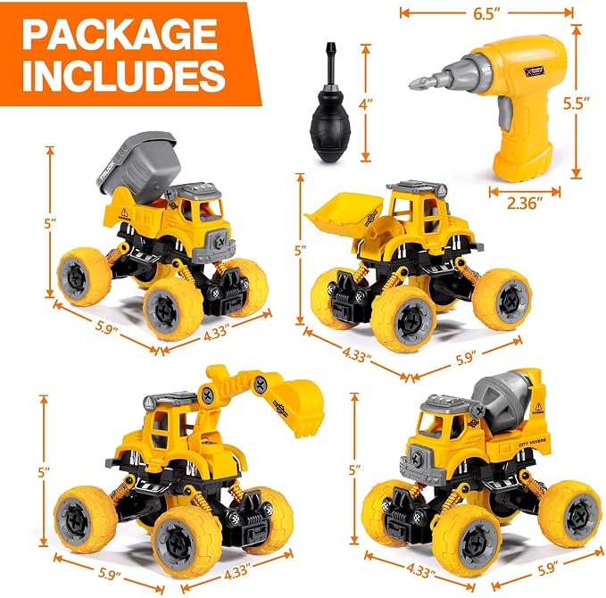 LUDILO Take Apart Construction Toys for 4 Year Old Boys Gifts Toys Age 4-6 | 4PCS Excavator Toy with Electric Drill/Kids Toy Boys 3-5/Building Learning Stem Toys for 3 4 5 6 7 Year Old Boy Birthday Gift